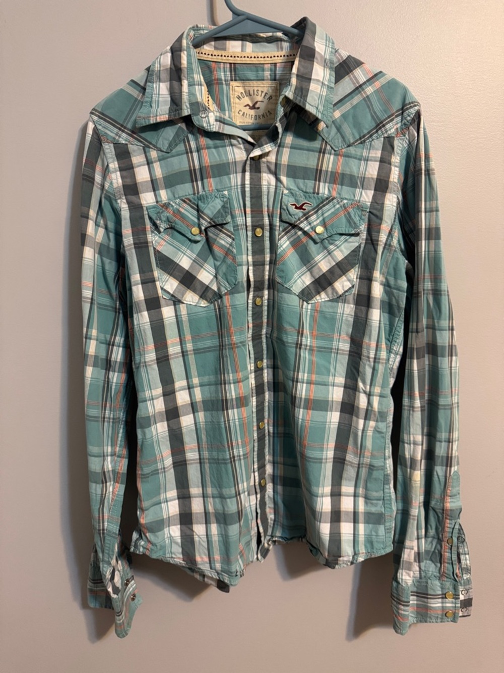 Hollister Men's Teal Plaid Pearl Snap Button-Up Shirt Western Rodeo Men's‎ Med